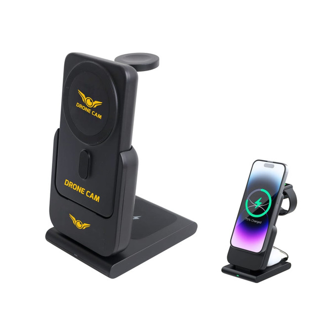A black 3-in-1 power bank charging station with a wireless charger and a phone stand. Includes a logo. A black 3-in-1 power bank charging station with a wireless charger and a phone stand. Includes a logo.