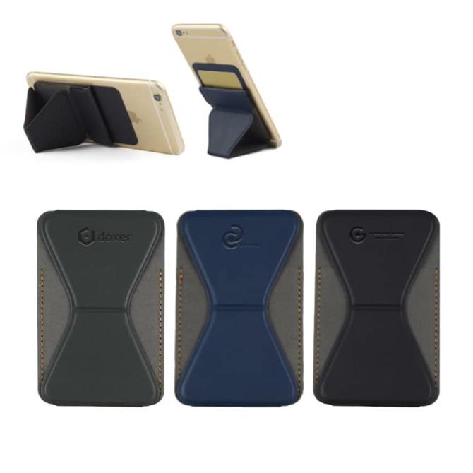 A collection of PU phone stand card holders in green, navy, and black, featuring a logo on some designs.