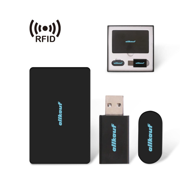 A black RFID promo set featuring a USB stick, a card, and two RFID tags, all in a compact packaging.