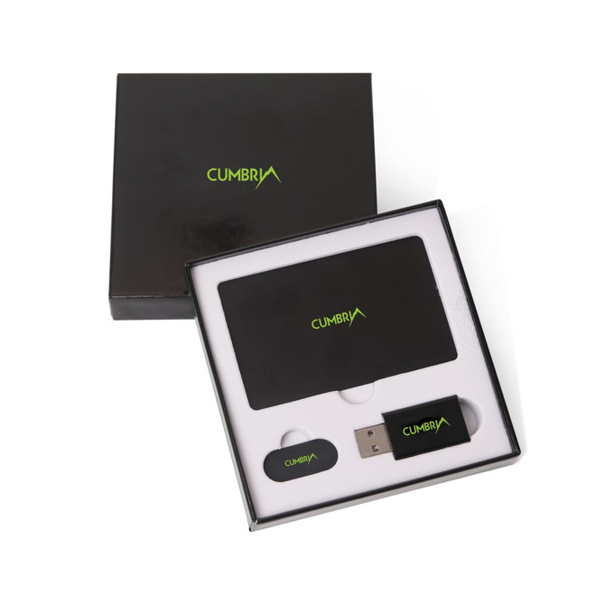 A black gift box contains a card, a USB drive, and a small RFID tag, all featuring a logo.