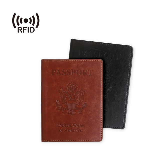A RFID PU leather passport holder in brown and black, featuring an embossed design and a logo.