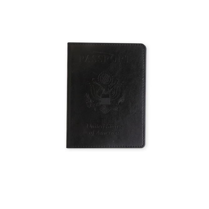 A black PU leather passport holder featuring an embossed design and a logo on the front.