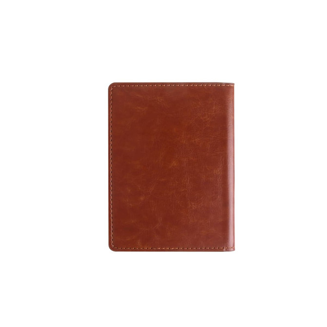 A RFID PU leather passport holder in a rich brown colour with a textured finish and stitching detail. It features a logo.