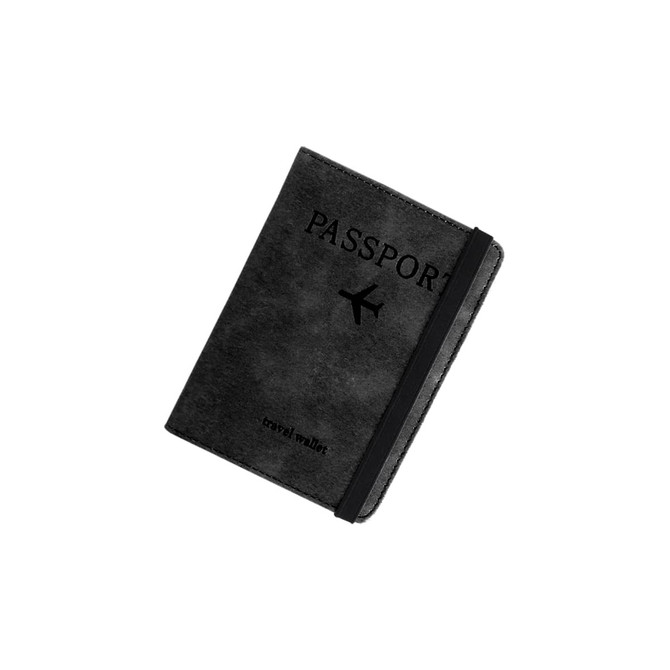 A black RFID multifunctional PU leather passport holder with an elastic band and logo on the front.
