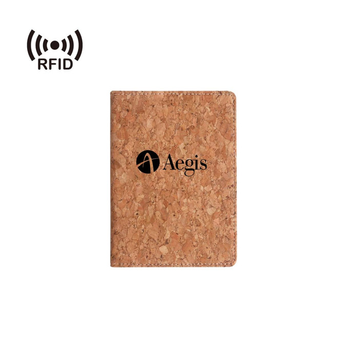 A cork passport holder with a black logo, featuring RFID protection. The holder showcases a natural cork texture.