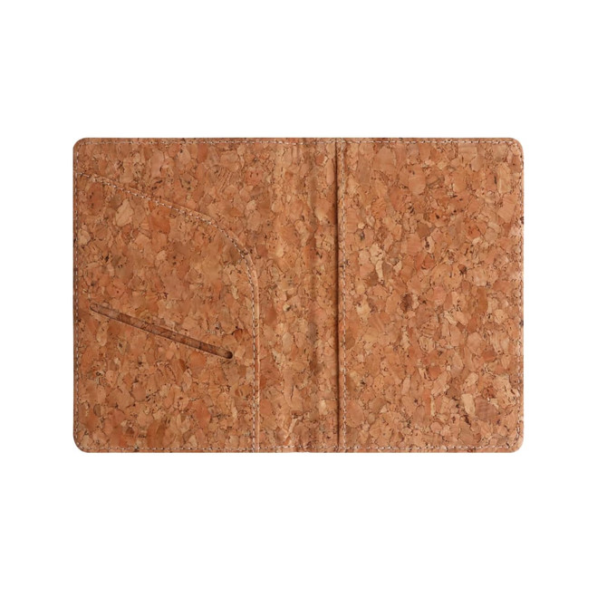 A cork passport holder in natural tones with an open design and a slot for cards, featuring a logo.