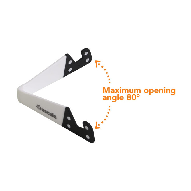 A V-shaped stand for iPhone and iPad, featuring a white body with black accents and a maximum opening angle of 80°.