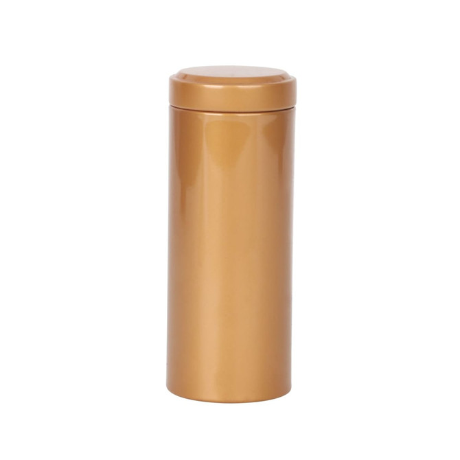 A large metallic gold cylinder tin canister, featuring a smooth surface and a matching lid. A large metallic gold cylinder tin canister, featuring a smooth surface and a matching lid.