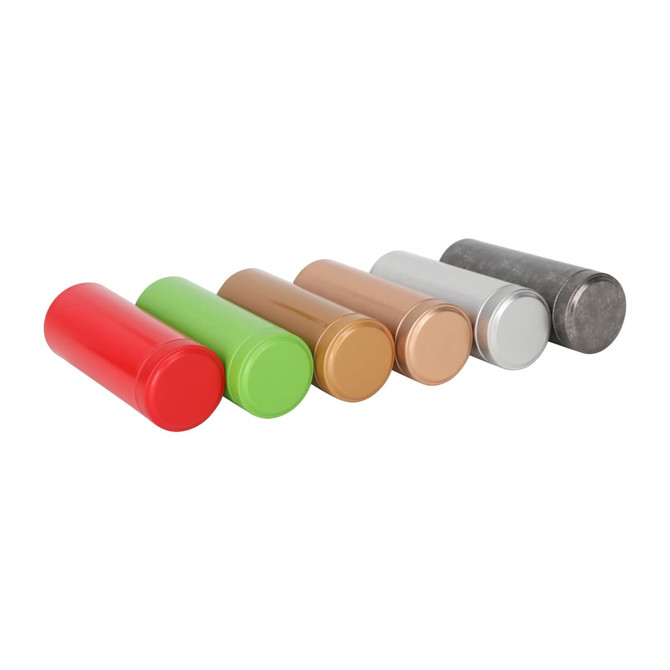 A set of six large metal cylinder tin canisters in red, green, gold, copper, silver, and grey. Each canister has a logo. A set of six large metal cylinder tin canisters in red, green, gold, copper, silver, and grey. Each canister has a logo.
