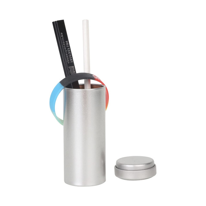 A silver metal cylinder tin canister with a lid, holding colourful straws and pens. Includes a logo. A silver metal cylinder tin canister with a lid, holding colourful straws and pens. Includes a logo.
