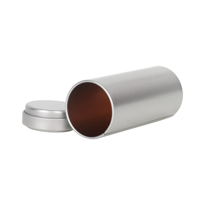 A large silver metal cylinder canister with a removable lid, featuring a brown interior. A large silver metal cylinder canister with a removable lid, featuring a brown interior.
