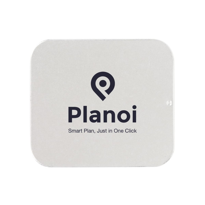 A silver slide tin box with rounded edges and a logo on the front. The box is 70 x 60 x 15 mm in size.