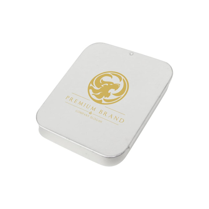 A white slide tin box with a logo on the lid, featuring a gold design. Dimensions are 70 x 60 x 15 mm.