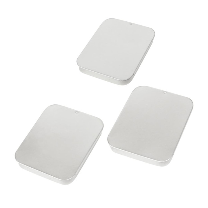 Three silver slide tin boxes with rounded edges, each measuring 70 x 60 x 15 mm, featuring a simple design.