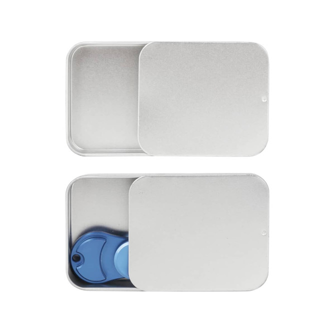 A silver slide tin box with a blue item inside, featuring two separate lids.