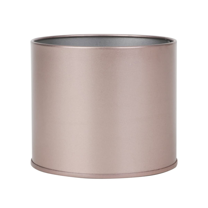 A small, round, metallic tin can in a rose gold colour, without a lid. Features a simple design. A small, round, metallic tin can in a rose gold colour, without a lid. Features a simple design.