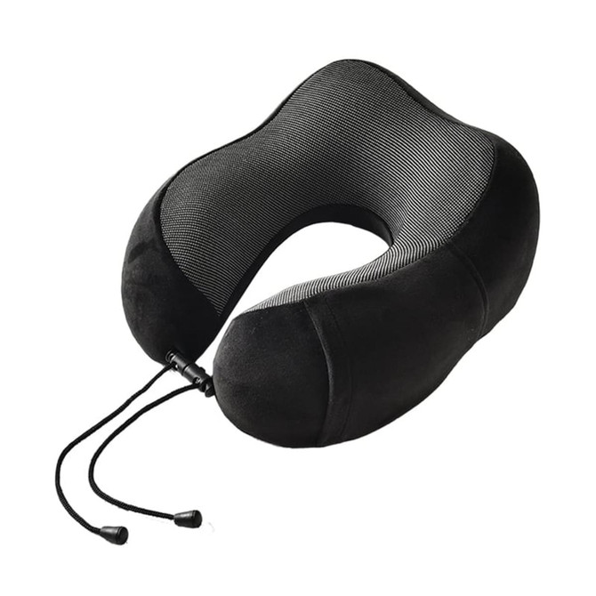 A black U-shaped memory foam travel pillow with a textured mesh surface and adjustable drawstring.