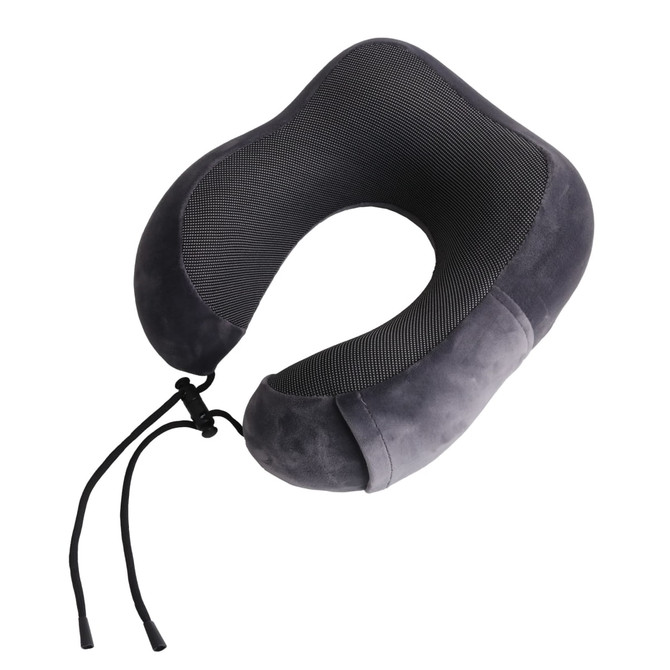 A grey memory foam U-shaped travel pillow with a textured finish and adjustable cord.