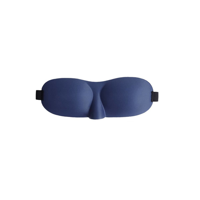 A dark blue cushioned eye mask with a contoured shape and adjustable straps. It features a logo.