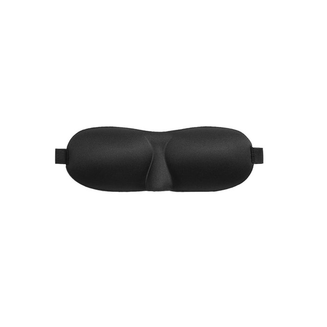 A cushioned eye mask in black, designed for comfort, featuring an elastic strap for secure fitting.