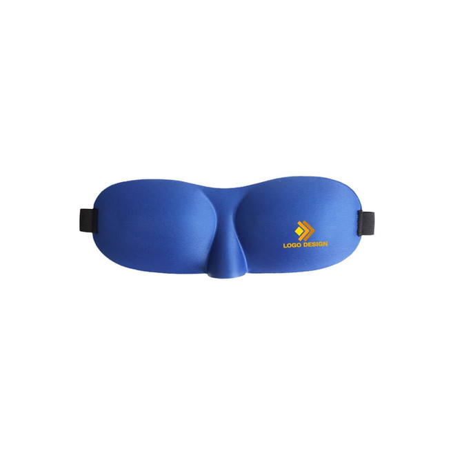 A cushioned eye mask in blue with a logo design, featuring a contoured shape for comfort.