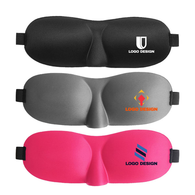 A cushioned eye mask in black, grey, and pink, featuring various logos. Each mask has an ergonomic design.