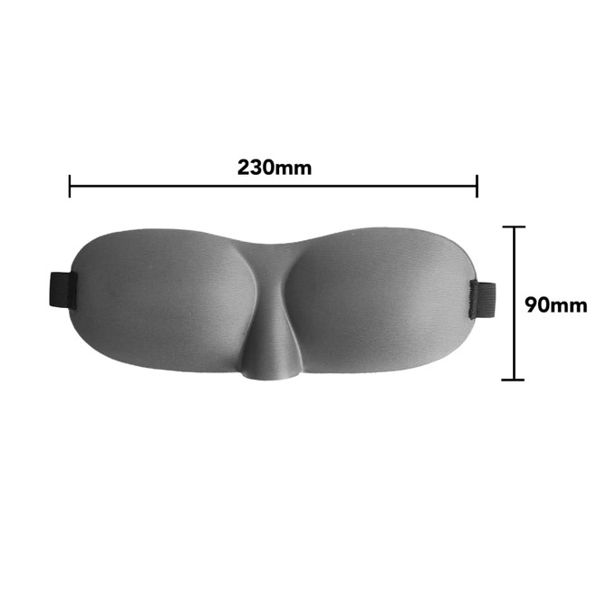 A grey cushioned eye mask with a central nose bridge, measuring 230mm by 90mm, featuring an adjustable strap.