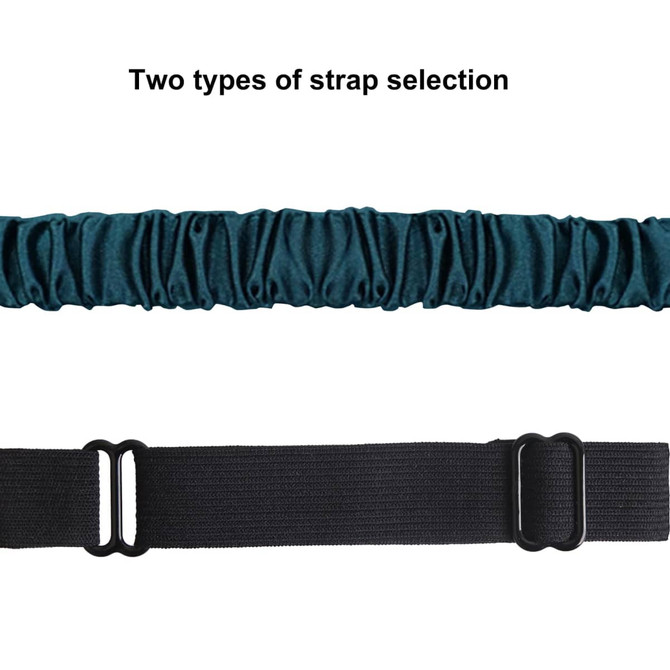 A satin sleep mask featuring two strap options: a teal satin strap and a black elastic strap.