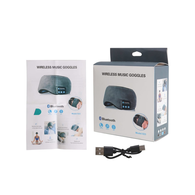 A package of Bluetooth sleep headphones in grey, with user manual, charging cable, and branding on the box.