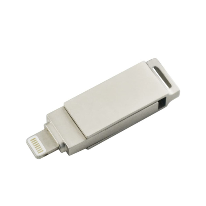 A silver swivel flash drive with a built-in connector. It has a modern design and features a branding logo.