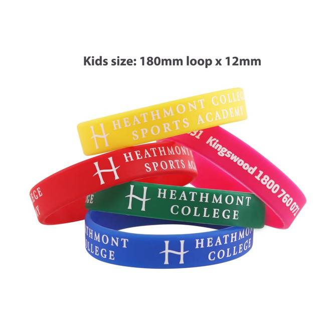 A variety of printed silicone wristbands in yellow, red, blue, and pink, featuring a logo and text.