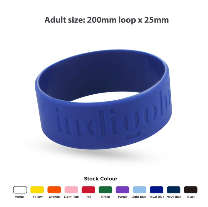 A blue debossed silicone wristband with a logo, showcasing a simple, smooth design. Available in various colours. A blue debossed silicone wristband with a logo, showcasing a simple, smooth design. Available in various colours.