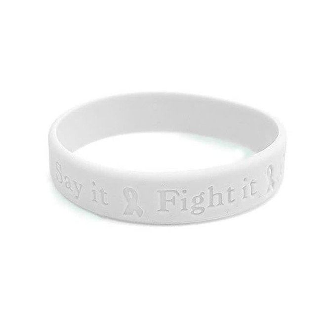 A white debossed wristband featuring a logo and embossed text on its surface. A white debossed wristband featuring a logo and embossed text on its surface.