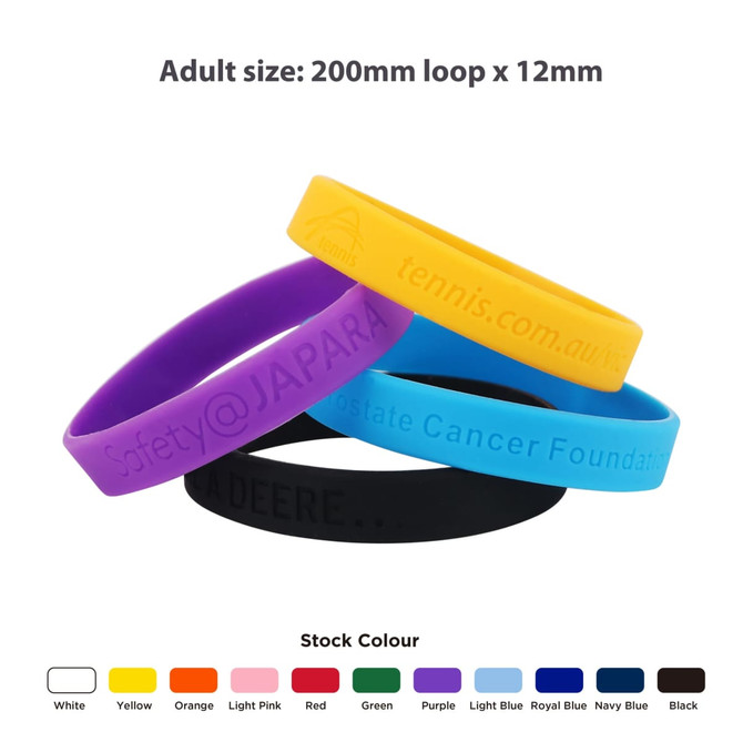 A selection of debossed silicon wristbands in various colours including purple, yellow, and black, featuring a logo. A selection of debossed silicon wristbands in various colours including purple, yellow, and black, featuring a logo.