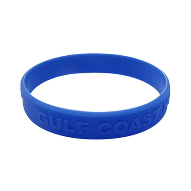 A blue embossed silicone wristband featuring a logo. Simple design suitable for events and exhibitions.