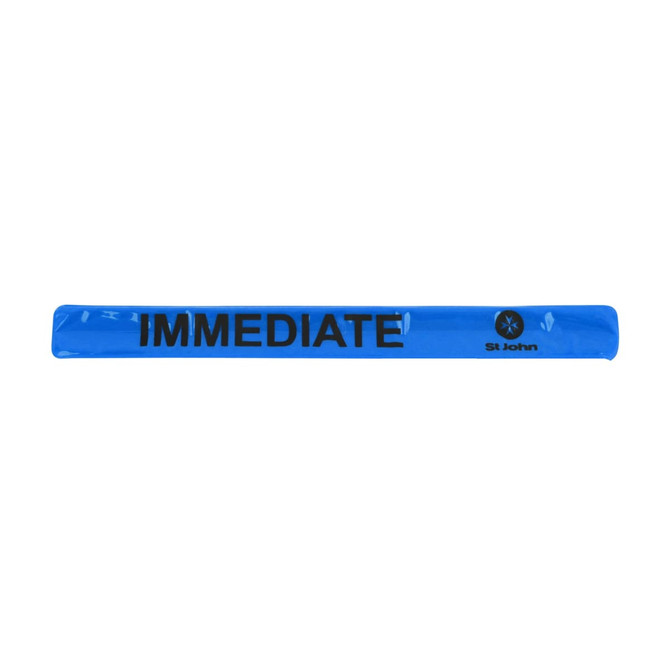 A blue reflective slap band with a logo and text on its surface.