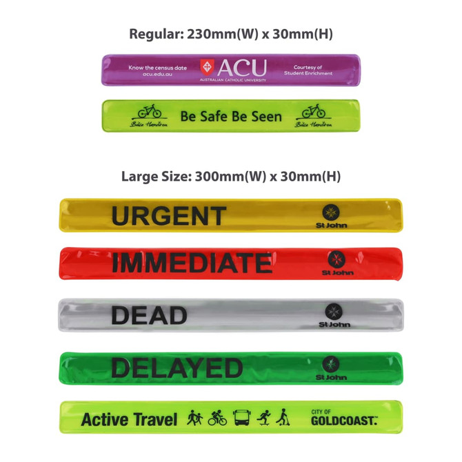 A collection of reflective slap bands in various colours, featuring different messages and a logo.