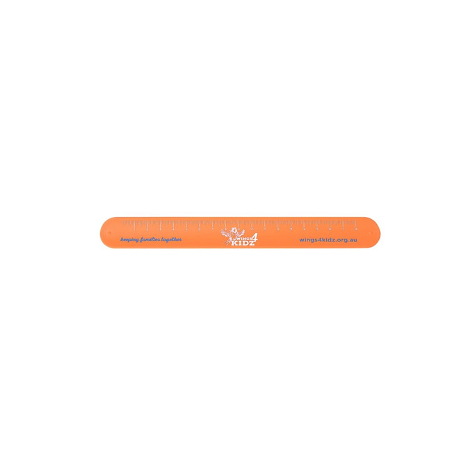 An orange silicone slap band with measurement markings and a logo.