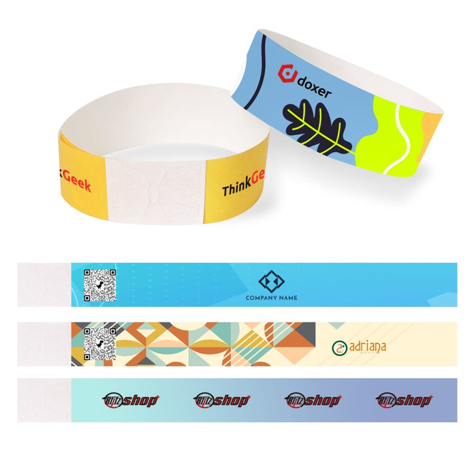 A collection of 25mm wide disposable full colour Tyvek wristbands in various designs and colours, featuring logos. A collection of 25mm wide disposable full colour Tyvek wristbands in various designs and colours, featuring logos.