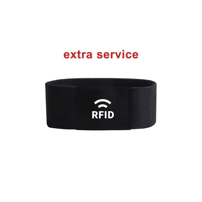 A black stretchy wristband featuring an RFID logo and a branding badge. A black stretchy wristband featuring an RFID logo and a branding badge.