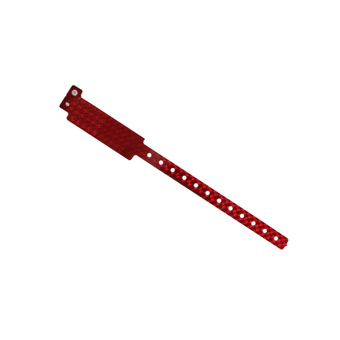 A red disposable holographic PVC wristband with a perforated design and a small tab. It features a logo.
