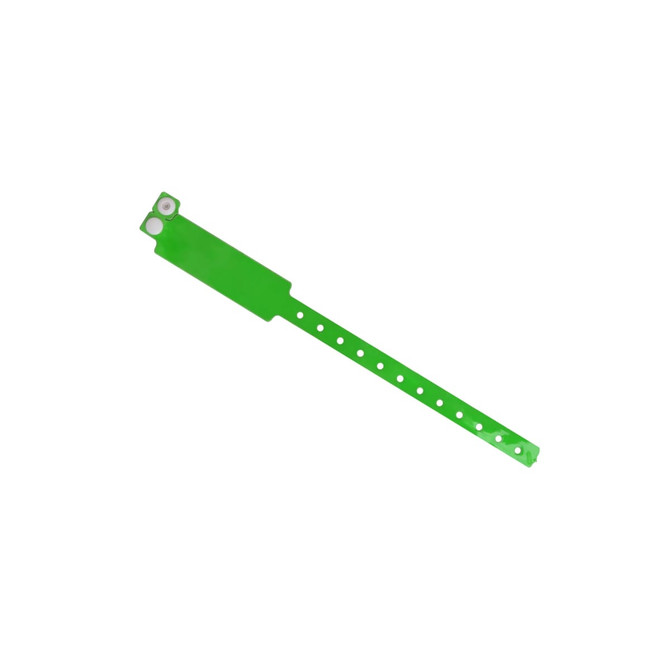A green disposable reflective PVC wristband with multiple holes for adjustment and a logo at one end.
