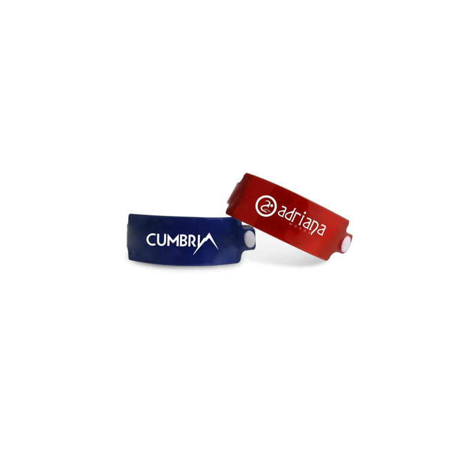 A pair of disposable reflective PVC wristbands in navy blue and red, featuring different logos.