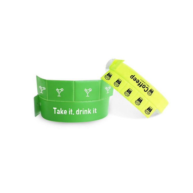 Green PVC wristbands with tabbed closures, featuring a logo and icons, designed for events and exhibitions. Green PVC wristbands with tabbed closures, featuring a logo and icons, designed for events and exhibitions.