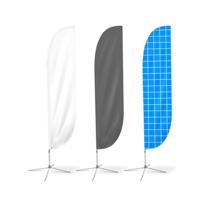 Three convex feather banners in white, grey, and blue grid pattern, each supported by a sturdy base.