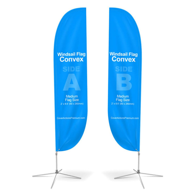 Two large blue convex feather banners, featuring a logo, designed for promotional use, displayed on stands. Two large blue convex feather banners, featuring a logo, designed for promotional use, displayed on stands.