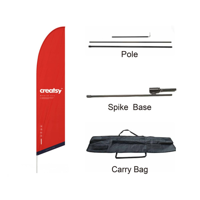 A red angled feather banner with a pole, spike base, and carrying bag. The banner features a logo. A red angled feather banner with a pole, spike base, and carrying bag. The banner features a logo.