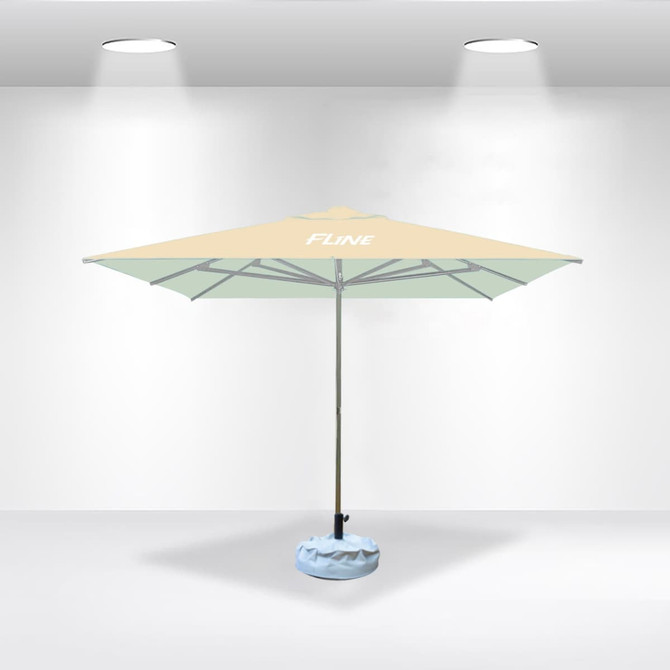 A yellow and green commercial market umbrella with a sturdy base and a central pole, featuring a logo on the canopy.