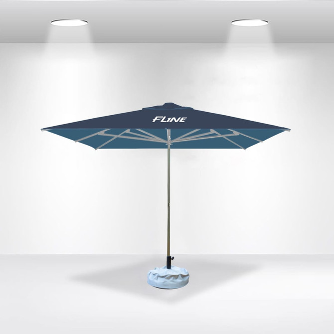 A square market umbrella in navy blue with a central pole and a base, featuring a logo on the canopy.