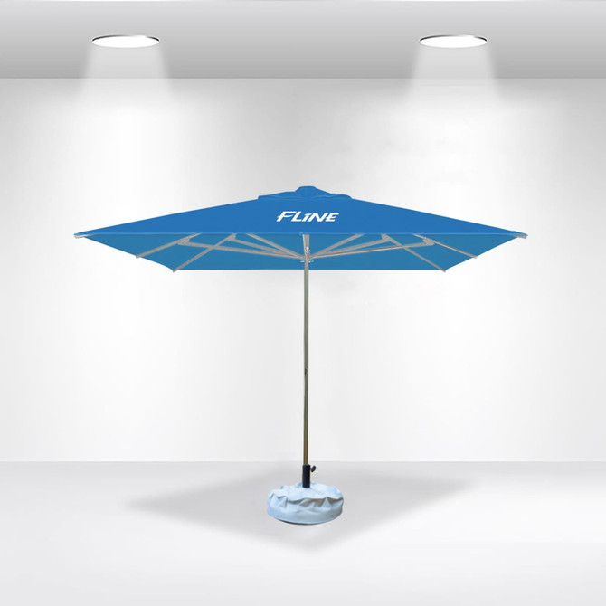 A 2x2m square commercial market umbrella in blue with a round base and a logo on the canopy.